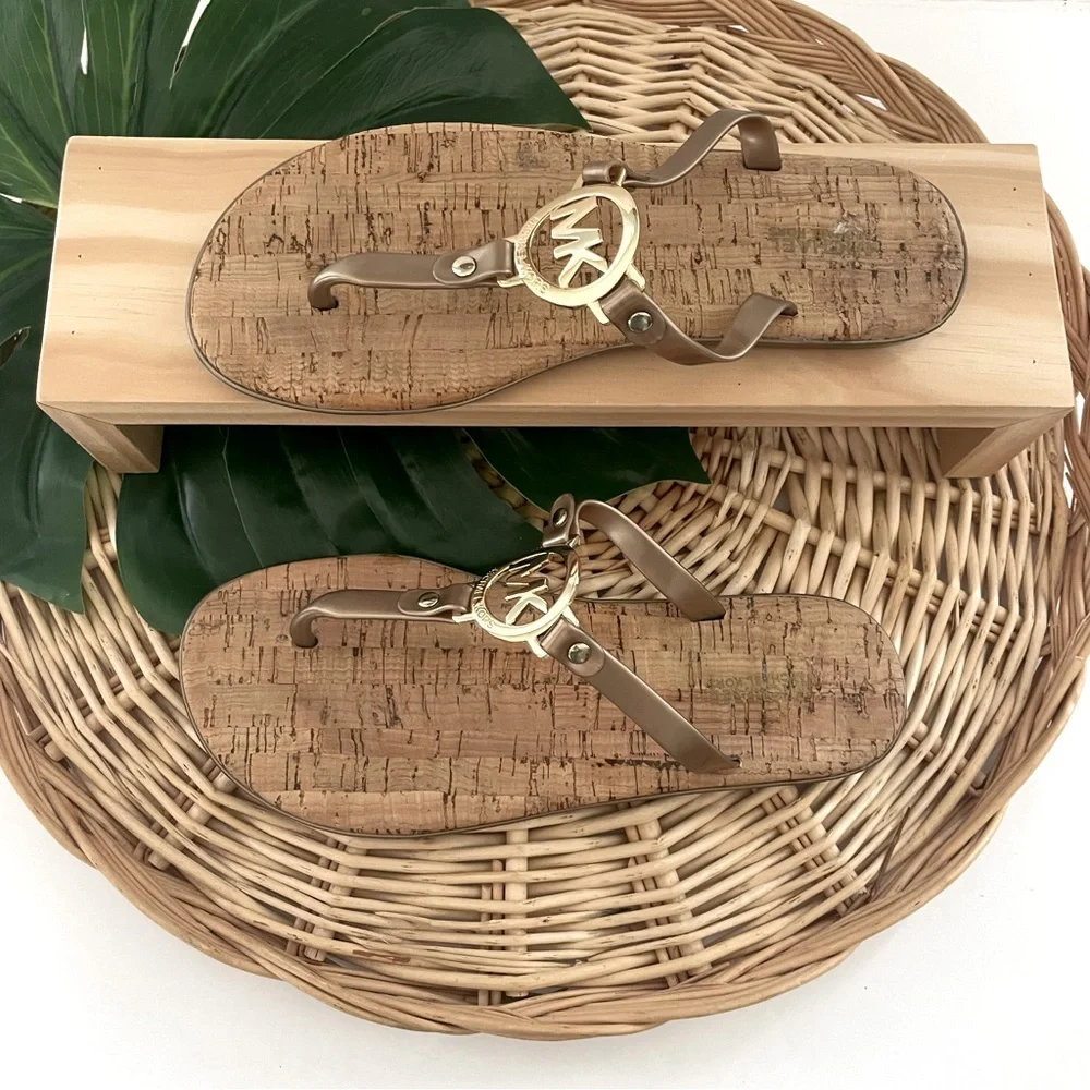 MICHAEL Michael Kors jelly flip-flops gold tone logo cork slip-on sandals size 8